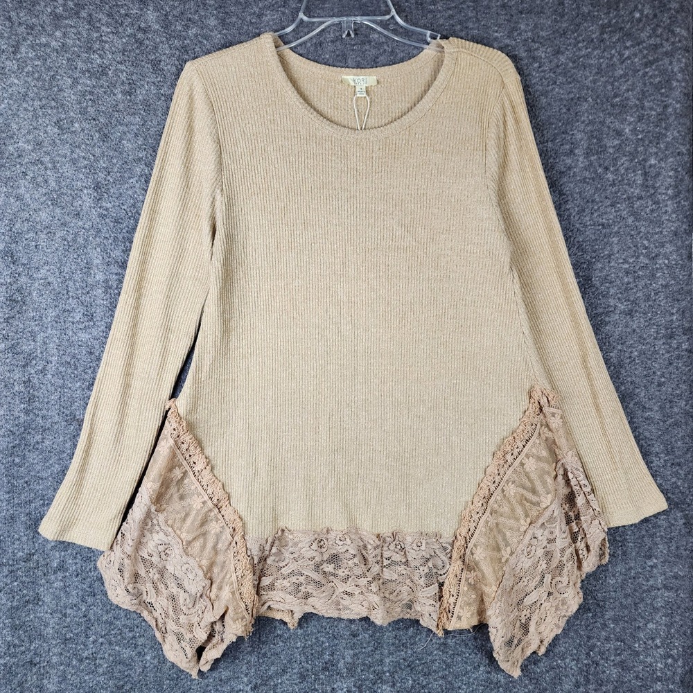Kori America Tunic Top Womens S Tan Ribbed Knit Lace Hem Sharkbite EUC